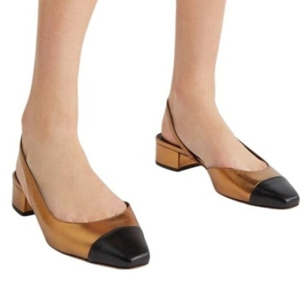 NIB Veronica Beard Cecile Half d'Orsay Slingback Pump 8.5‎ Gold Black Leather - Picture 2 of 12